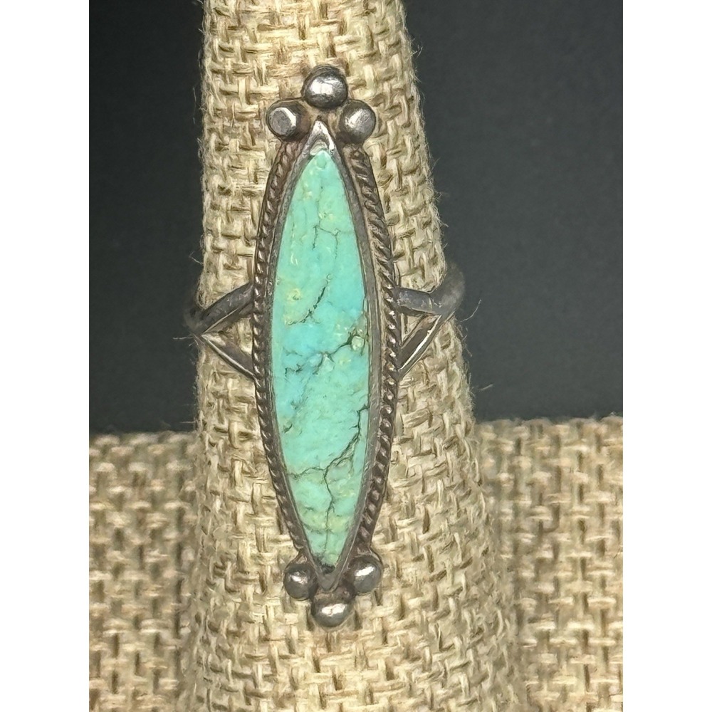 Navajo Old Pawn Sterling Silver Natural Turquoise Navette Ring Tested Sz 5.25